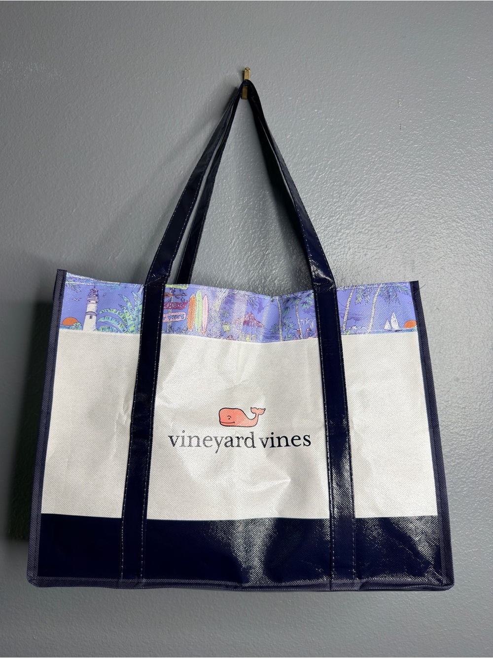 Vineyard Vines Navy, White & Pink Whale Canvas Tote